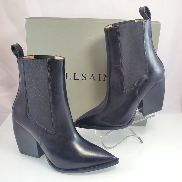 All Saints Shoes - NWT$379 All Saints Ria Black Pointed Toe Heeled Leather Boot Sz 39 (9)